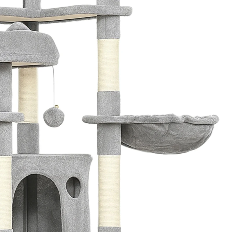 PawHut 76" Large Cat Tree for Indoor Cats with 8 Scratching Posts, 3 Plush Beds, 2 Hammocks, 2 Large Condos, Ramp, Light Grey