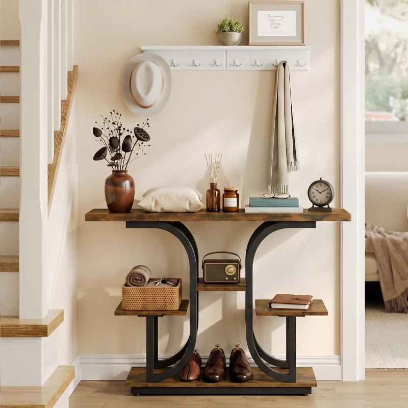 HOMCOM 42.5" Modern Console Table, 3-Tier Narrow Entryway Table with Open Storage Shelves for Entryway, Rustic Brown