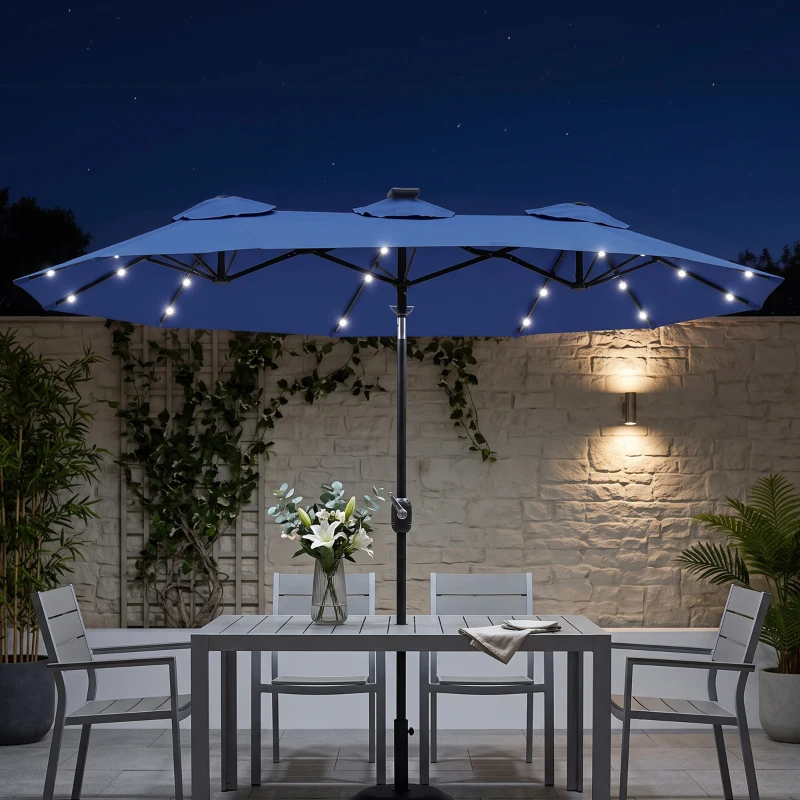 Outsunny Double-sided Patio Umbrella, 9.7' Outdoor Umbrella with Tilt and Crank, LED Solar Light and 12 Ribs, Navy Blue