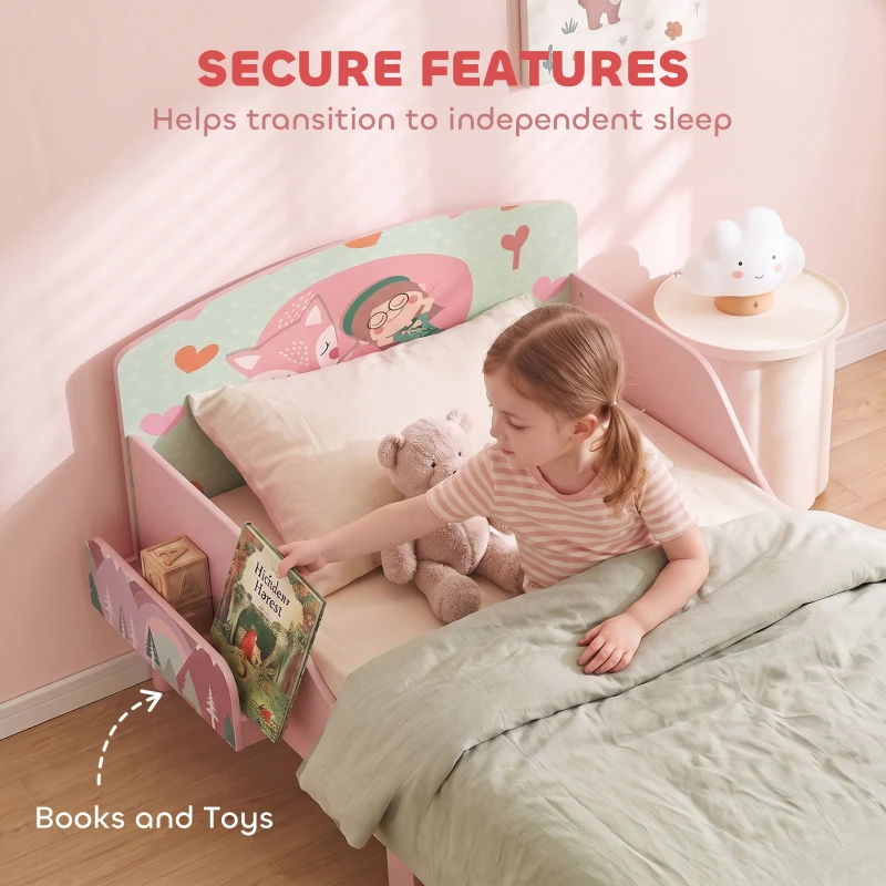 Qaba Toddler Bed with Bedside Storage and Guard Rails, Montessori Bed for Ages 3-8, Fits 132x70x10cm Mattress, Pink Fox Print