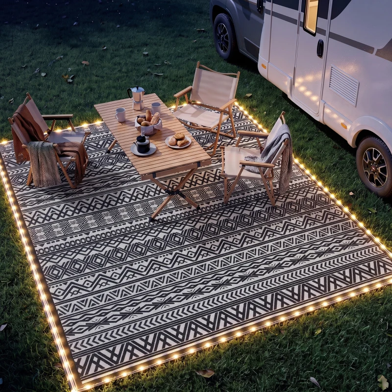 Outsunny Outdoor Rug Carpet with USB Lights Reversible Patio Rug with Carry Bag for Camping 10' x 8'