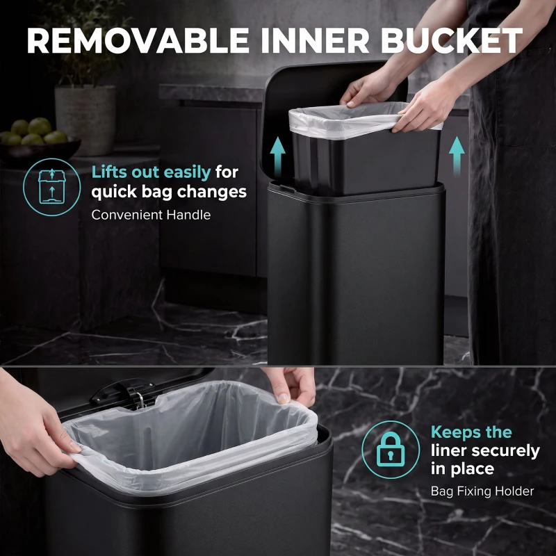 HOMCOM 13.2 Gallon Garbage Can, Slim Stainless Steel Trash Can with Removable PP Inner Bucket, Soft-Close Lid, Black