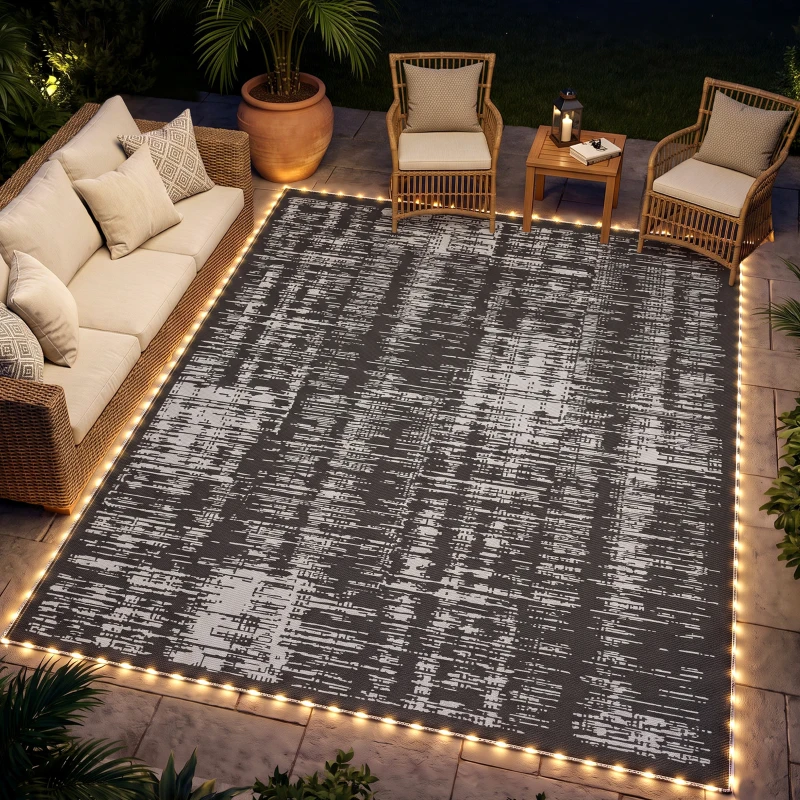 Outsunny Reversible Outdoor Rug Carpet with LED Lights, Carry Bag & Ground Stakes for Backyard, Deck, Picnic, Beach, 10' x 8'