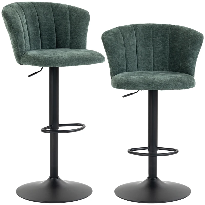 HOMCOM Adjustable Bar Stools Set of 2 with Back, Footrest, Chenille Upholstered Bar Chairs for Kitchen Island, Dark Green
