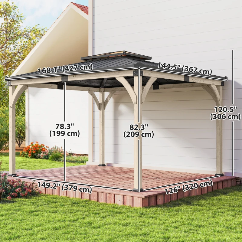 Outsunny 12' x 14' Hardtop Gazebo Canopy with Galvanized Steel Roof, Wood Frame, Double Roof Outdoor Gazebo, Light Walnut