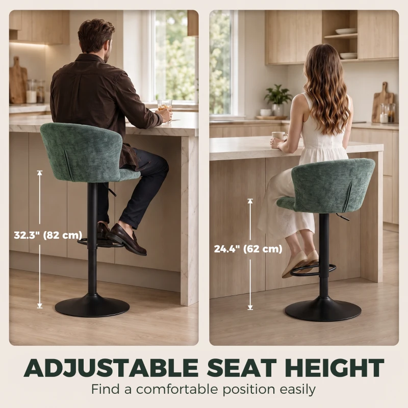 HOMCOM Adjustable Bar Stools Set of 2 with Back, Footrest, Chenille Upholstered Bar Chairs for Kitchen Island, Dark Green