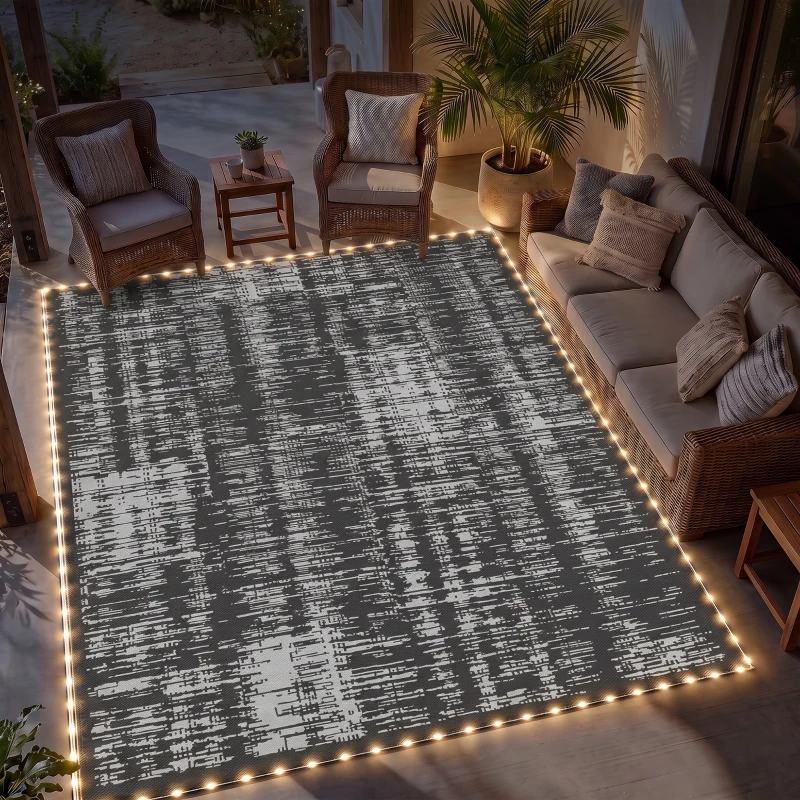 Outsunny Reversible Outdoor Rug Carpet with LED Lights, Carry Bag & Ground Stakes for Backyard, Deck, Picnic, Beach, 10' x 8'