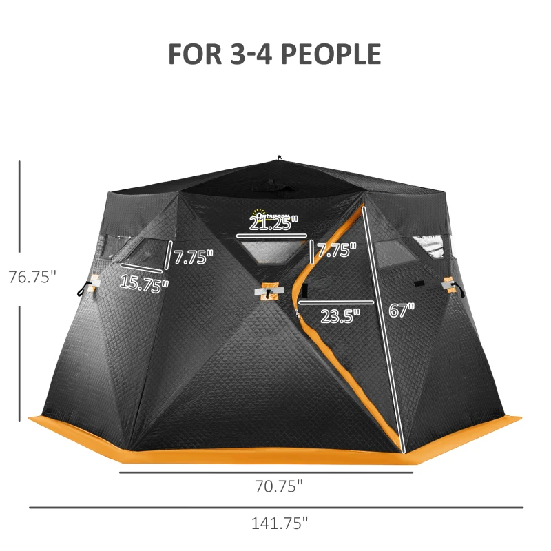 Outsunny 4 Person Insulated Pop-Up Ice Fishing Shelter, 360-Degree View, Portable Ice Fishing Tent Shanty with Carry Bag, Two Doors and Anchors for Low-Temp -22℉, Black and Orange