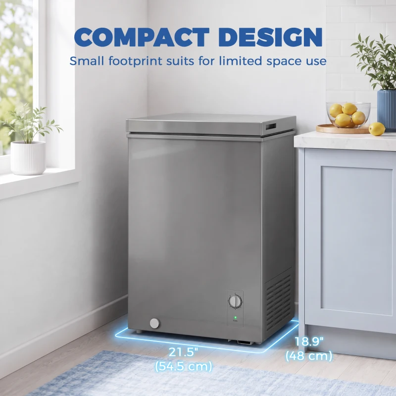 HOMCOM Mini Freezer, 3.5 Cu.Ft Chest Freezer with 7-Setting Adjustable Thermostat, Wire Basket, Quiet Operation, Grey