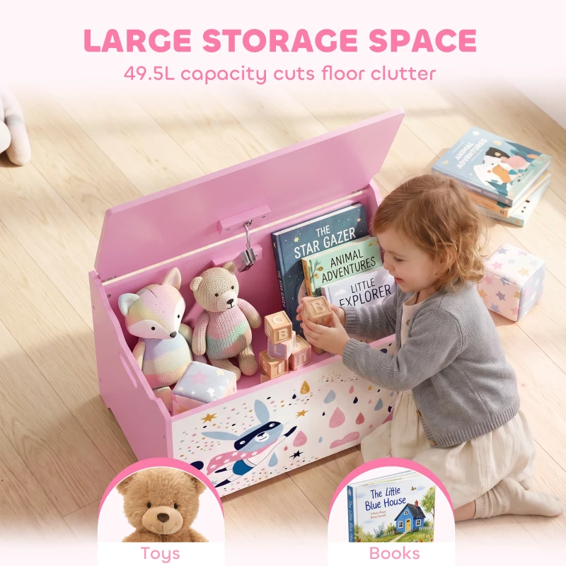 Qaba Kids Storage Chest with Lid, Toy Box with Safety Hinges and Groove Handles for Kids, Bedroom, Playroom, Nursery, Pink