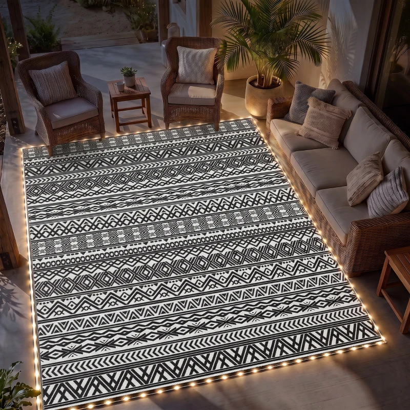 Outsunny Outdoor Rug Carpet with USB Lights Reversible Patio Rug with Carry Bag for Camping 10' x 8'