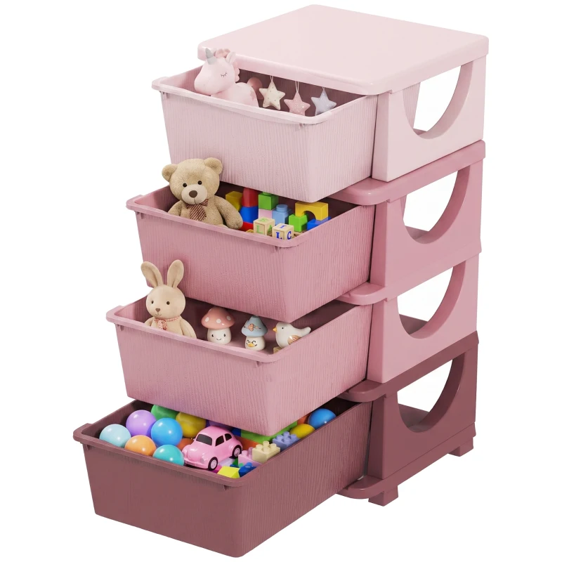 Qaba 4 Tier Kids Toy Organizer and Storage Bins with 4 Plastic Drawers, Pink