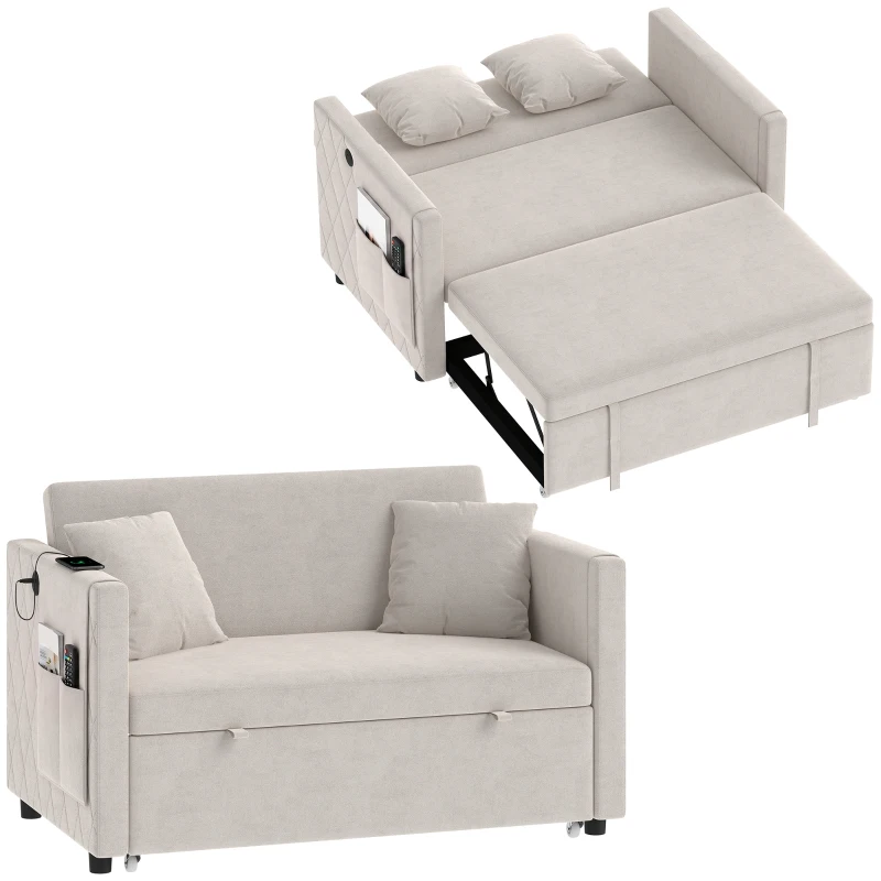 HOMCOM 52" Sofa Bed, Holland Velvet Loveseat Pull Out Sleeper Sofa with USB Ports, Adjustable Backrest, Side Pockets, Beige
