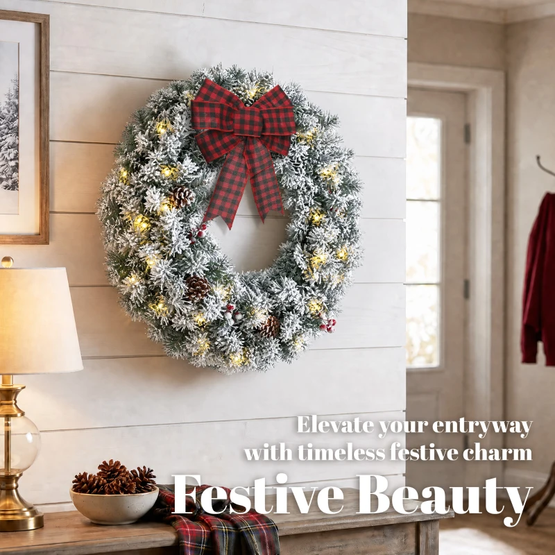 HOMCOM Flocked Winter Wreath, 24 Inch Pre-Lit Christmas Wreath for Front Door with LED Lights, Pine Cones and Berries, Green