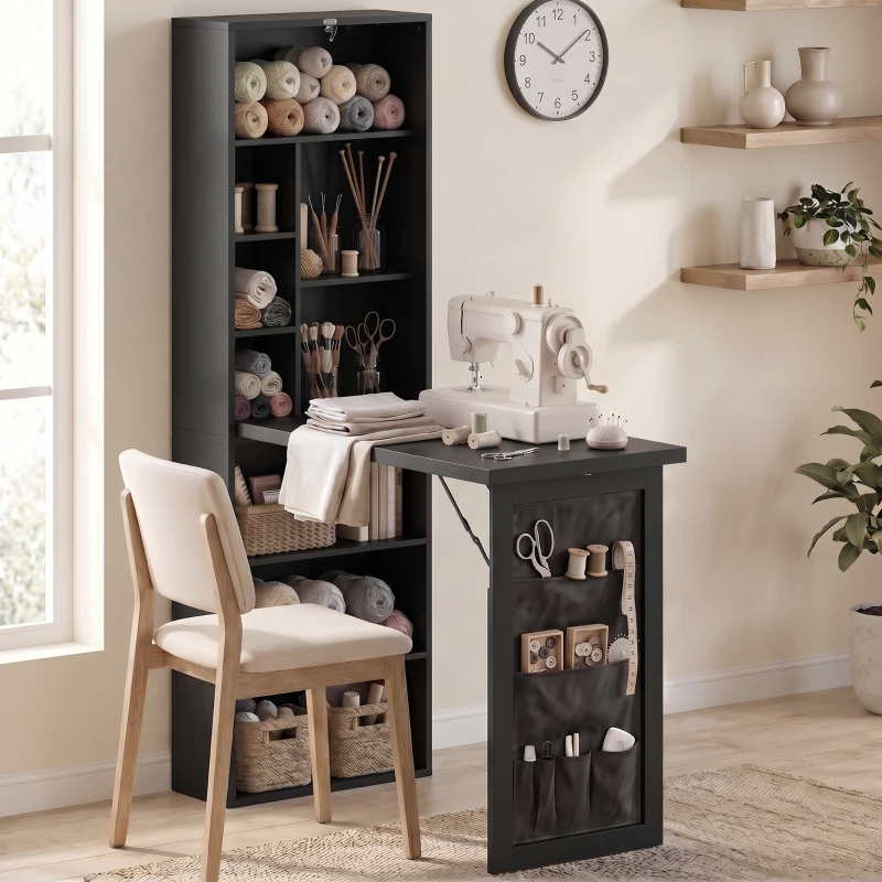 HOMCOM Foldable Convertible Writing Table with Storage Shelves, Bag, Wall-Mounted Space-Saving Computer Desk, Black