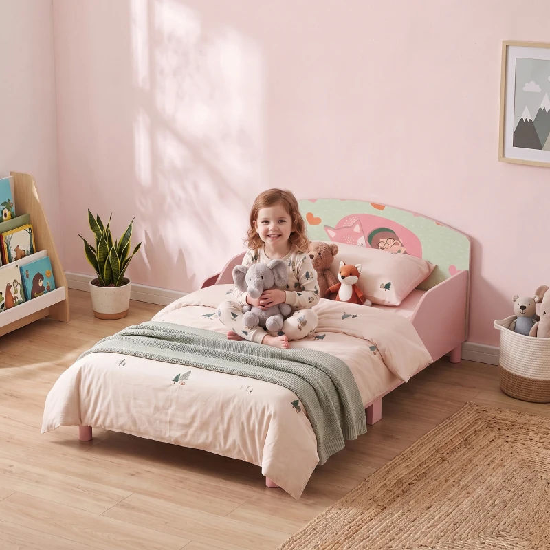 Qaba Toddler Bed with Bedside Storage and Guard Rails, Montessori Bed for Ages 3-8, Fits 132x70x10cm Mattress, Pink Fox Print