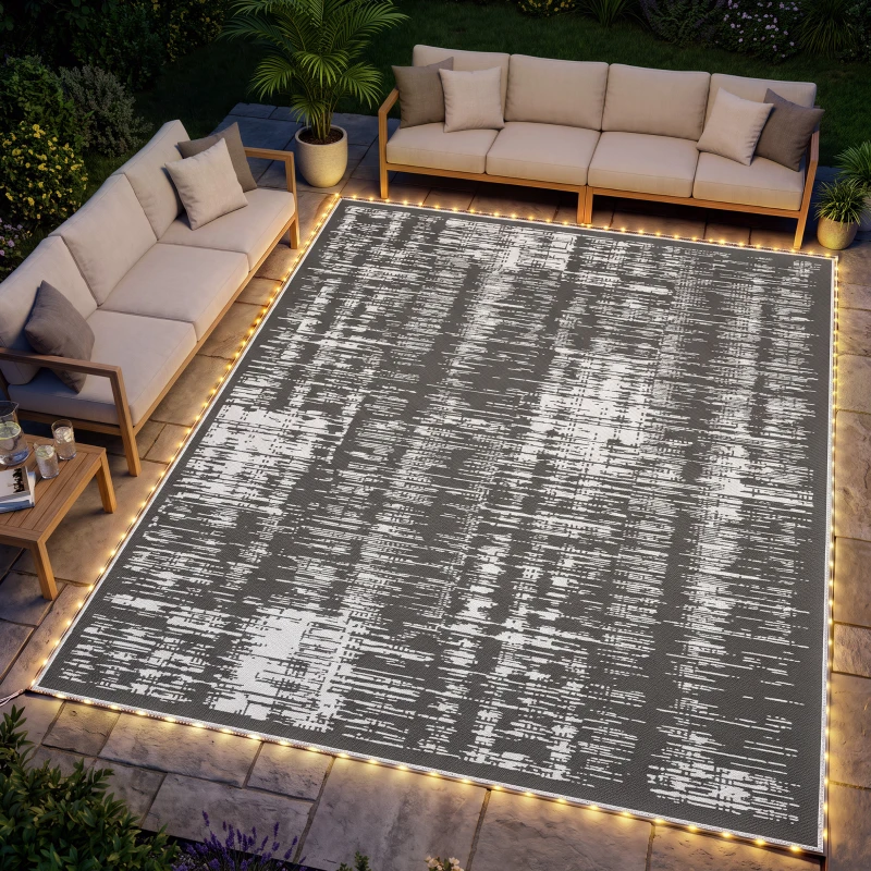 Outsunny Reversible Outdoor Rug Carpet with LED Lights, Carry Bag & Ground Stakes for Backyard, Deck, Picnic, Beach, 12' x 9'