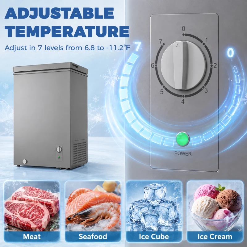 HOMCOM Mini Freezer, 3.5 Cu.Ft Chest Freezer with 7-Setting Adjustable Thermostat, Wire Basket, Quiet Operation, Grey