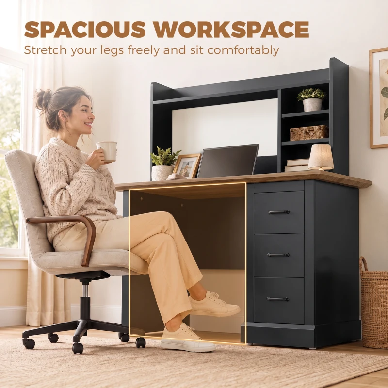 HOMCOM Computer Desk with 3 Drawers and Storage Shelves, 47" Home Office Study Writing Table, Walnut and Black