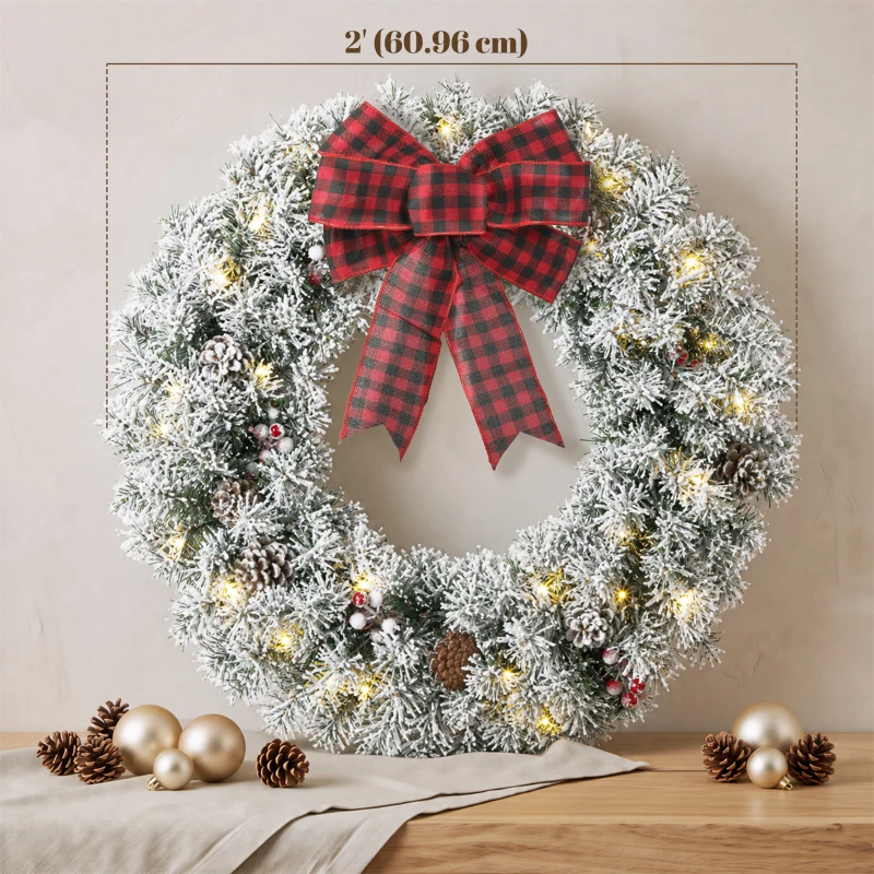 HOMCOM Flocked Winter Wreath, 24 Inch Pre-Lit Christmas Wreath for Front Door with LED Lights, Pine Cones and Berries, Green