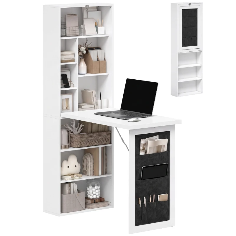HOMCOM Foldable Convertible Writing Table with Storage Shelves, Bag, Wall-Mounted Space-Saving Computer Desk, White