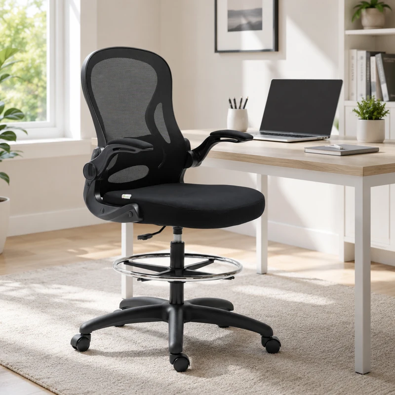Vinsetto Ergonomic Mesh Standing Desk Chair with Flip-up Armrests, Lumbar Support, Armrests & Adjustable Footrest Ring, Black