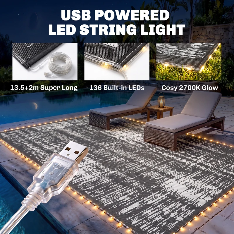 Outsunny Outdoor Rug Carpet Waterproof Camping with LED Lights, Carry Bag & Stakes, 12' x 9'