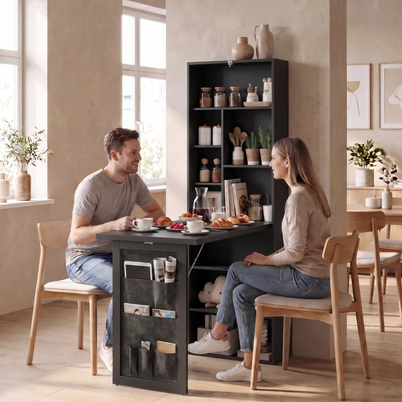 HOMCOM Foldable Convertible Writing Table with Storage Shelves, Bag, Wall-Mounted Space-Saving Computer Desk, Black