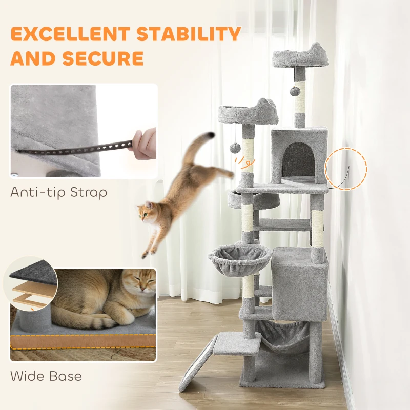 PawHut 76" Large Cat Tree for Indoor Cats with 8 Scratching Posts, 3 Plush Beds, 2 Hammocks, 2 Large Condos, Ramp, Light Grey