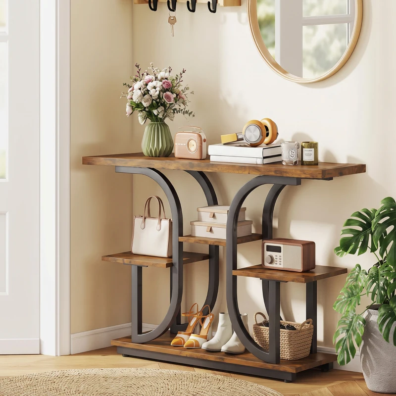 HOMCOM 42.5" Modern Console Table, 3-Tier Narrow Entryway Table with Open Storage Shelves for Entryway, Rustic Brown