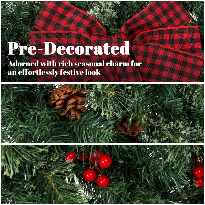 HOMCOM 48" Prelit Crestwood Spruce Artificial Christmas Wreath, Christmas Decor with Bow, 8 Modes, Red Berries, Pinecones