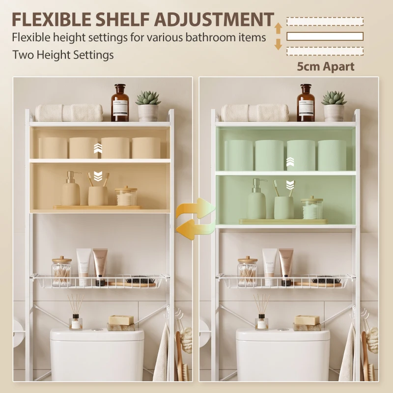 HOMCOM Over-the-Toilet Storage Shelf, 3-Tier Over-Toilet Bathroom Organizer with Adjustable Shelves and Pull-Out Basket, White