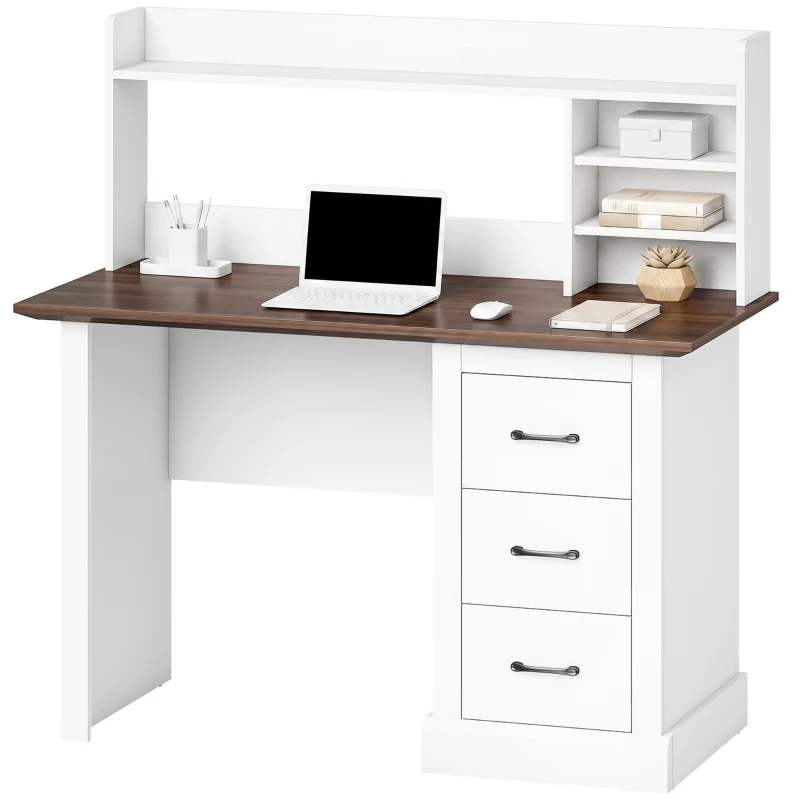 HOMCOM Computer Desk with 3 Drawers and Storage Shelves, 47" Home Office Study Writing Table, Walnut and White
