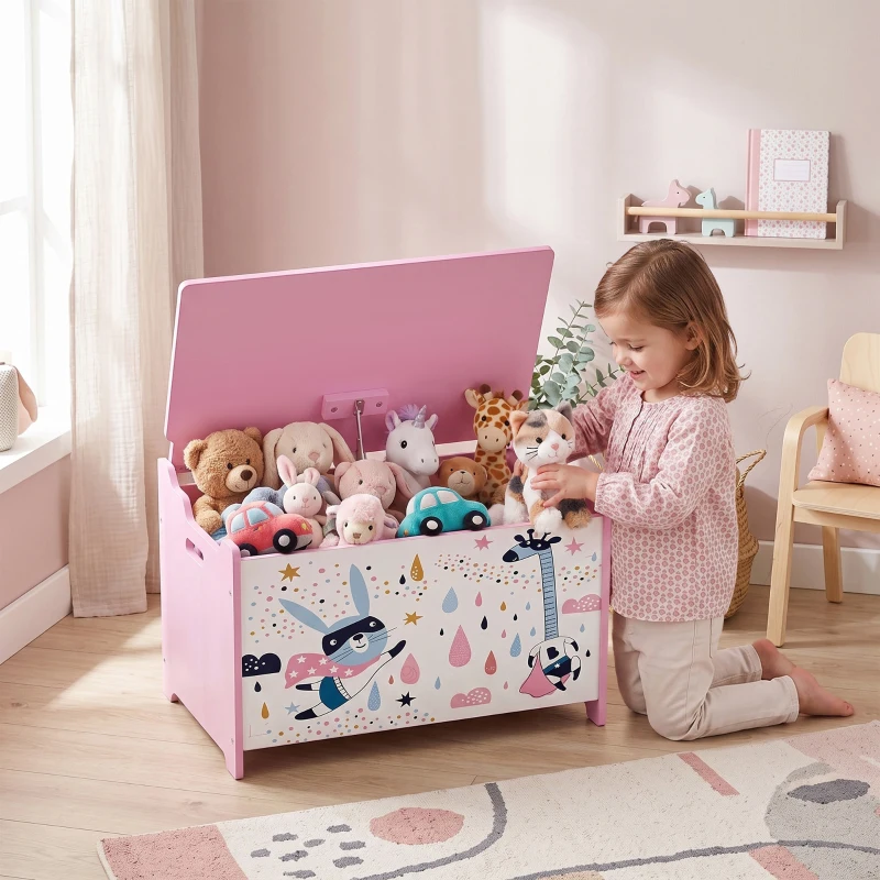 Qaba Kids Storage Chest with Lid, Toy Box with Safety Hinges and Groove Handles for Kids, Bedroom, Playroom, Nursery, Pink