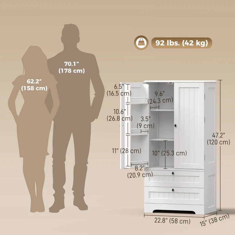 HOMCOM 47" Tall Pantry Cabinet, Farmhouse Kitchen Pantry with 6 Door Racks and 2 Drawers, White