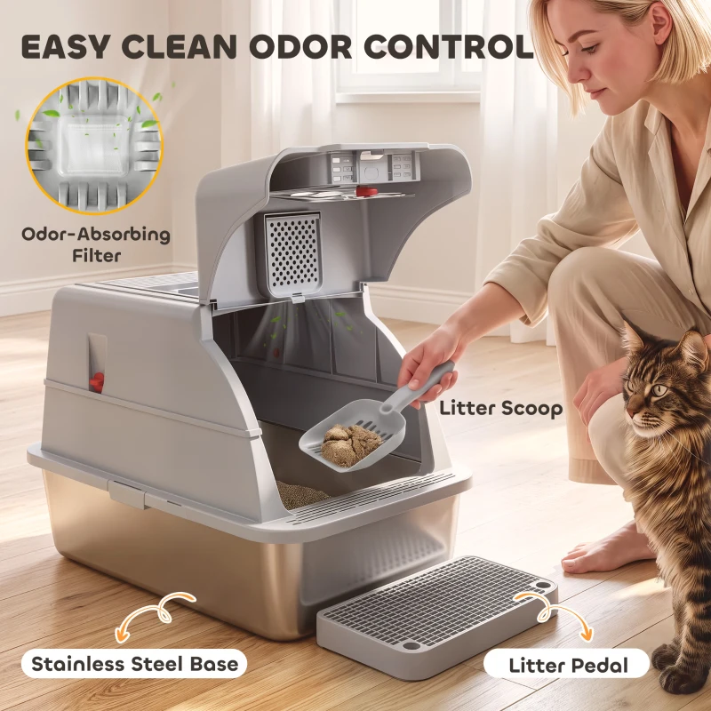 PawHut Stainless Steel Cat Litter Box with Lid, XL High Sided Enclosed Metal Litter Box w/ Scoop, Step, Pedal, Grey