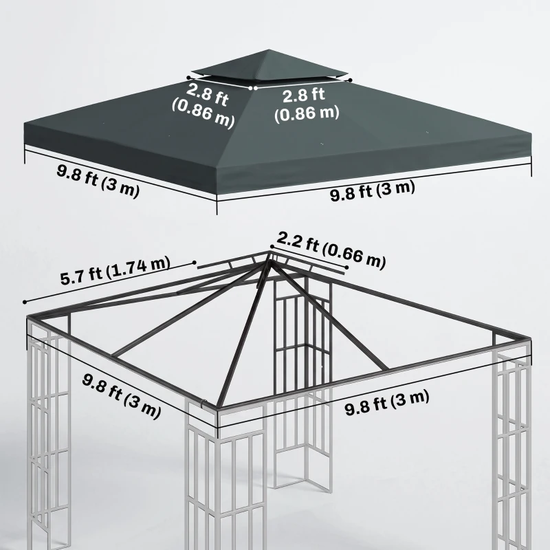 Outsunny 10' x 10' Square 2-Tier Gazebo Canopy Replacement Top Outdoor Garden Sun Shade Cover, Replacement Top Only, Charcoal Grey