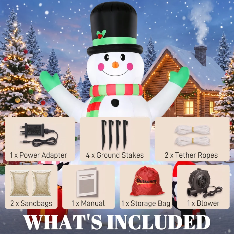 Outsunny Christmas Blow Up Outdoor Decorations, 8FT Christmas Inflatables Snowman with Colorful LED Light for Indoor