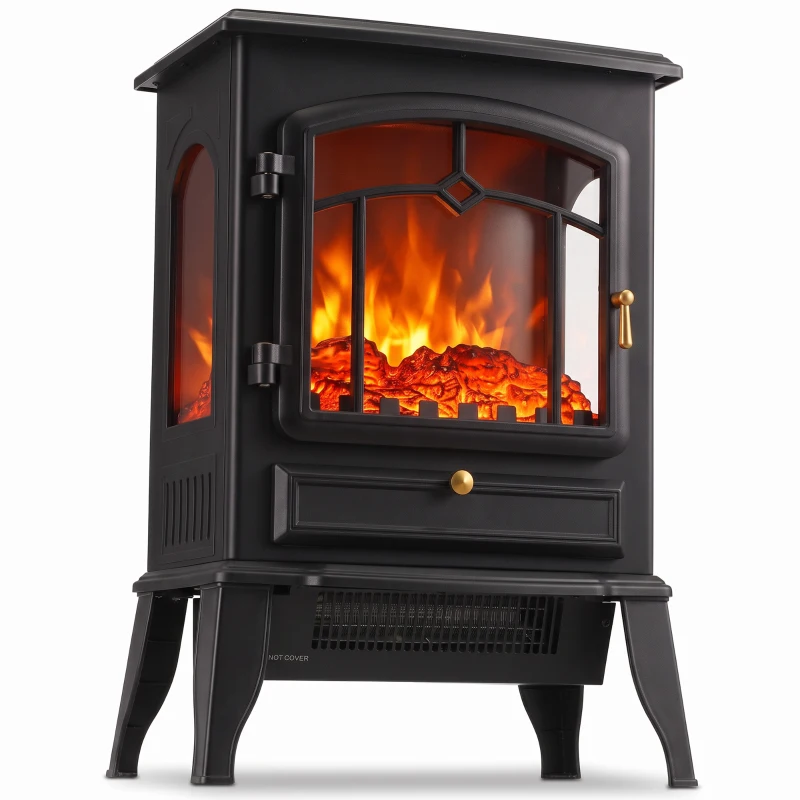 HOMCOM Electric Fireplace Stove, 725W/1450W Infrared 3-Sided Freestanding Fireplace Heater with 3D Flame Log, Thermostat, Black