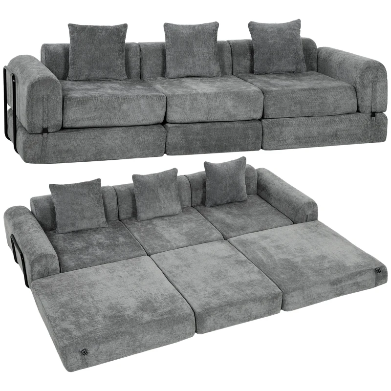 HOMCOM 96.5" Folding Sofa Bed, Convertible Boneless 3 Seater Modular Sectional Couch with Wide and Deep Seat, Grey