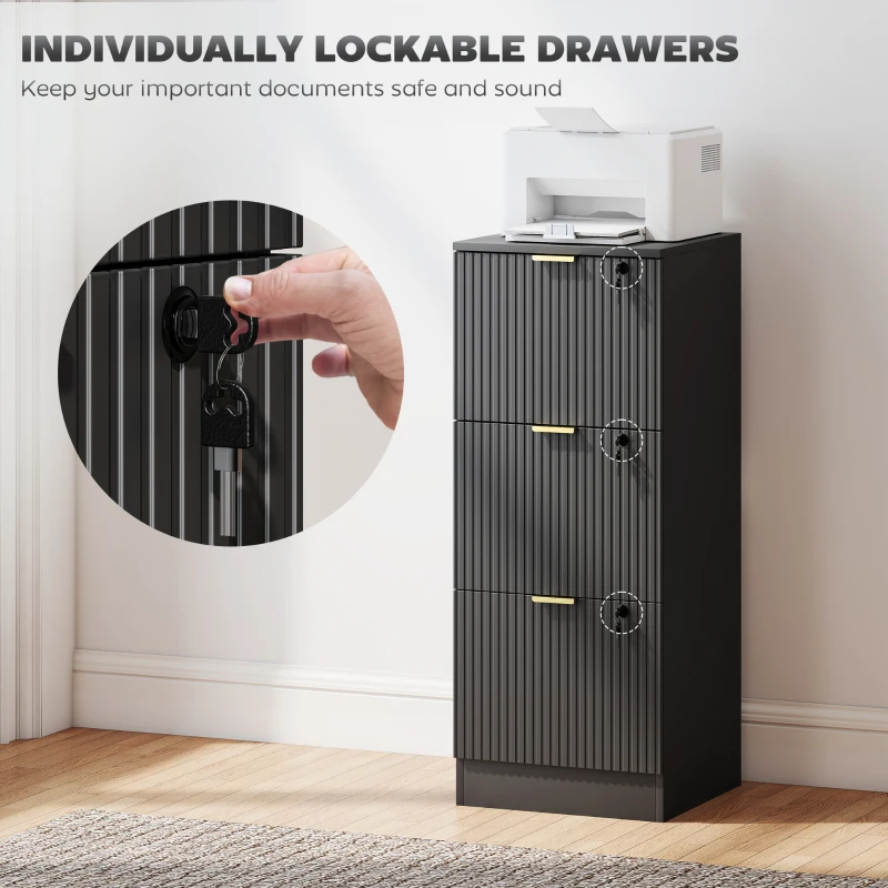 HOMCOM Lockable Filing Cabinet with 3 Fluted Drawers, File Cabinet with Adjustable Hanging Rails for A4 Letter Files, Black