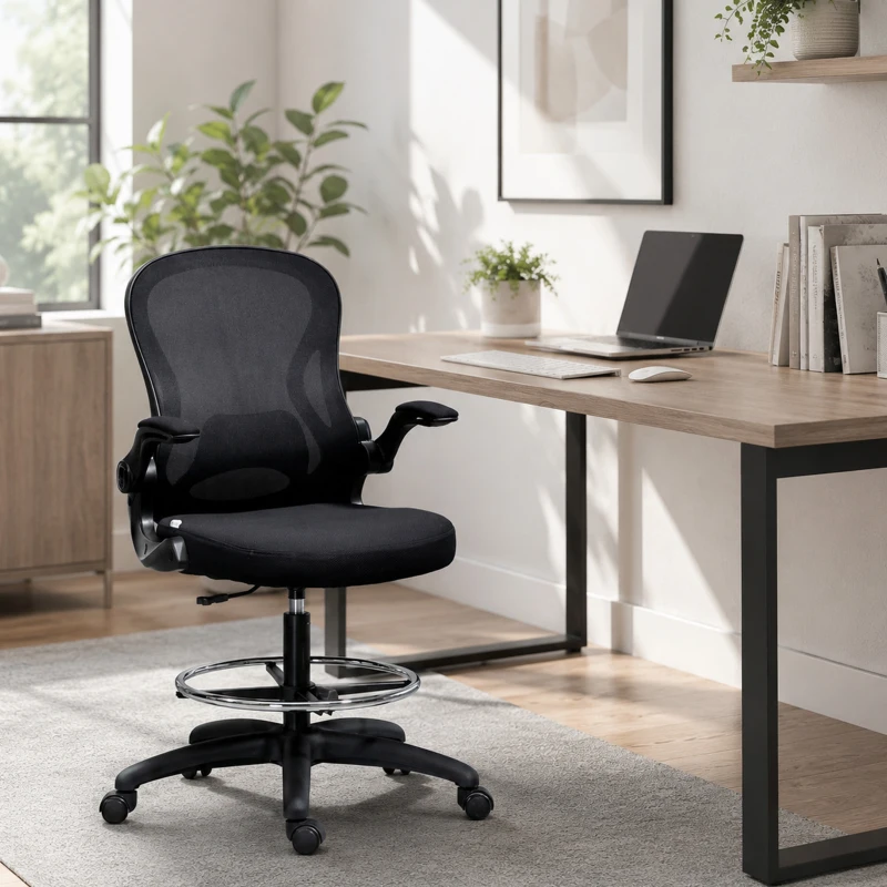 Vinsetto Ergonomic Mesh Standing Desk Chair with Flip-up Armrests, Lumbar Support, Armrests & Adjustable Footrest Ring, Black