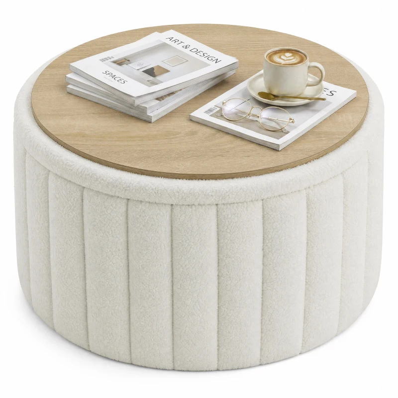 HOMCOM Round Coffee Table with Hidden Storage, Sherpa Fleece Center Table with Dual Reversible Lid for Living Room Cream White