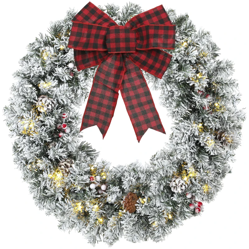 HOMCOM Flocked Winter Wreath, 24 Inch Pre-Lit Christmas Wreath for Front Door with LED Lights, Pine Cones and Berries, Green