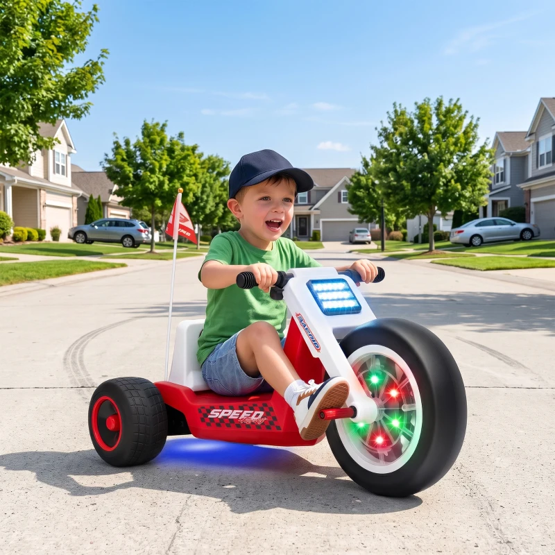 Qaba 12V Electric Car for Kids, Electric Ride On Tricycle with Soft Start, Light-Up Wheel, Adjustable Seat for 3-6, Red