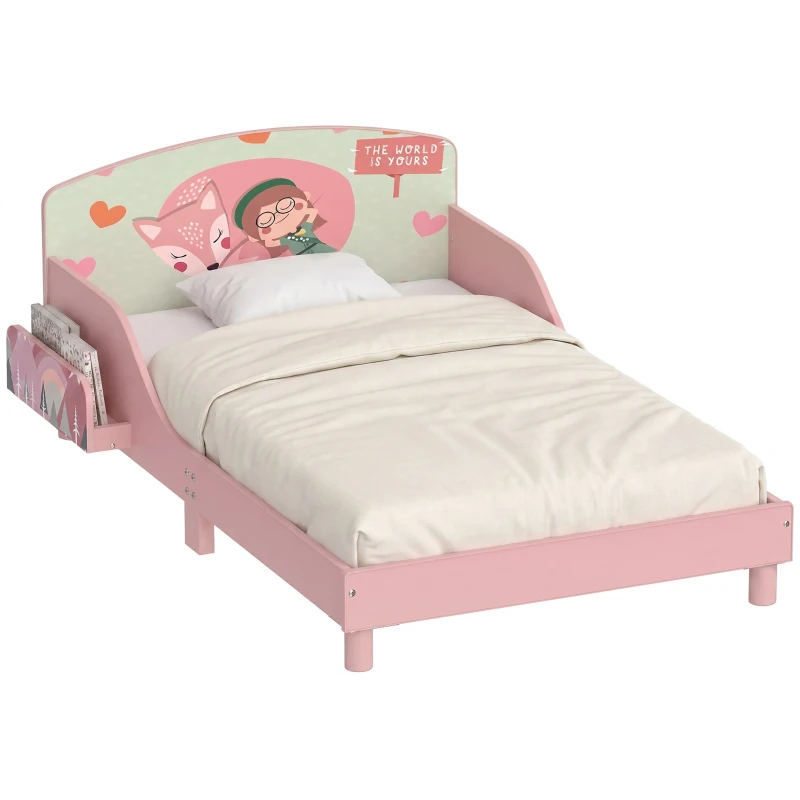 Qaba Toddler Bed with Bedside Storage and Guard Rails, Montessori Bed for Ages 3-8, Fits 132x70x10cm Mattress, Pink Fox Print