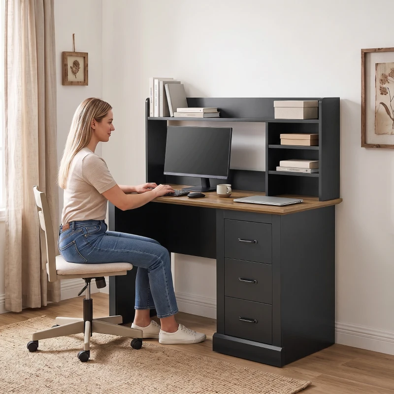 HOMCOM Computer Desk with 3 Drawers and Storage Shelves, 47" Home Office Study Writing Table, Walnut and Black