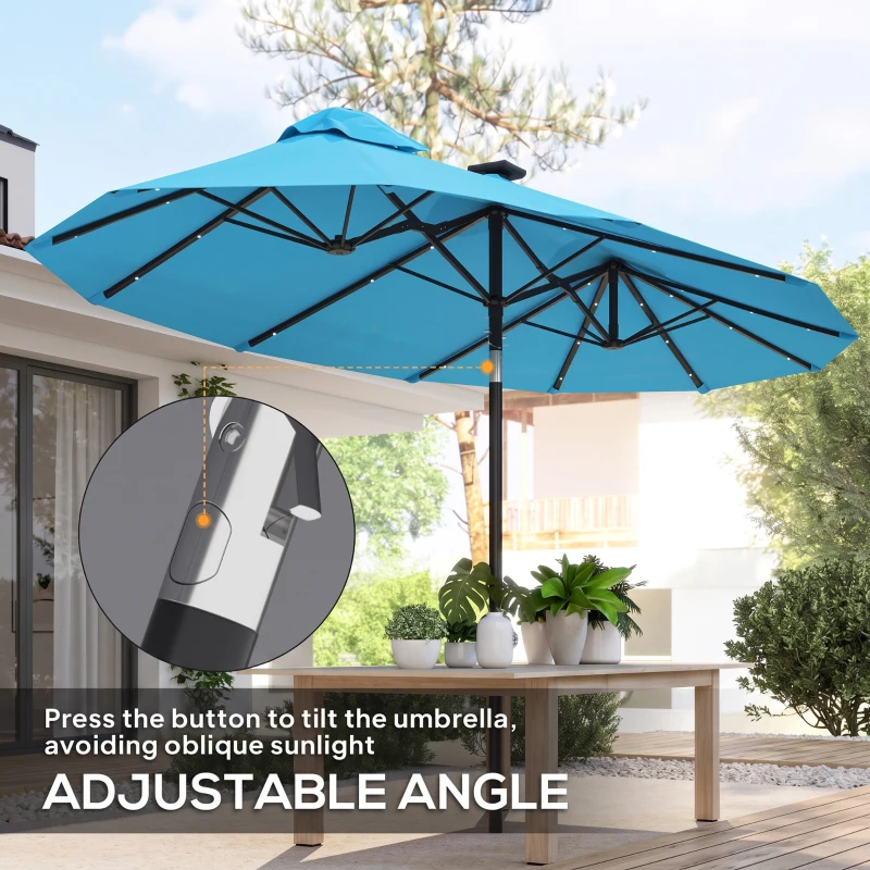Outsunny Double-sided Patio Umbrella, 9.7' Outdoor Umbrella with Tilt and Crank, LED Solar Light and 12 Ribs, Light Blue