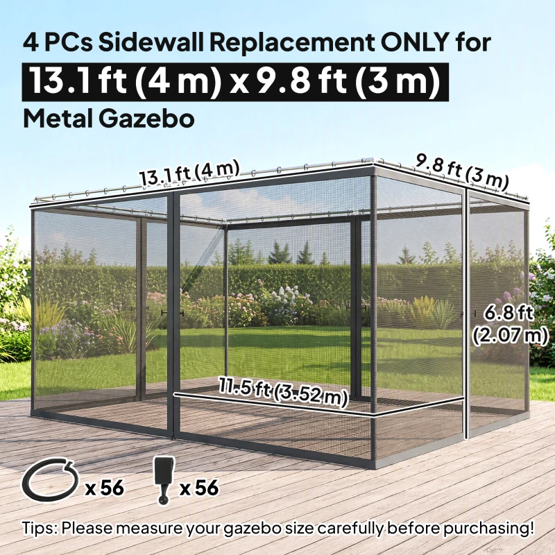 Outsunny Replacement Mosquito Netting for Gazebo 10' x 13' Black Screen Walls for Canopy with Zippers