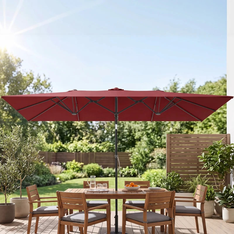 Outsunny Double-Sided Patio Umbrella Parasol with Tilt, Adjustable Height, Vents and 12 Ribs, for Garden, Deck, Pool, Wine Red